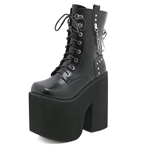 SchdosY Damen Nieten Stiefeletten Plateau Chunky Heel Lace Up Zip Combat...
