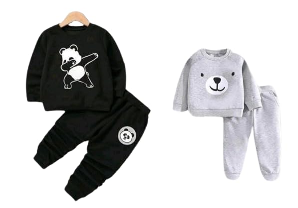 JPF Kids 100% Cotton Round Neck Graphic Print Black Bear & Melange Lion Full Sleeve Top and Bottom Set for Boys & Girls (Pack of 2)