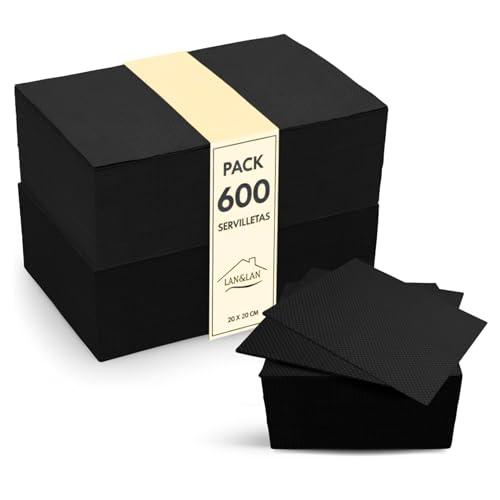 Servilletas Cocktail Desechables, Pack de 600 unidades 10x10 cm plegadas, Servilletas papel de Micropunto modernas y rústicas para tus Ocasiones Especiales 20x20 abiertas - LAN&LAN (Negro)