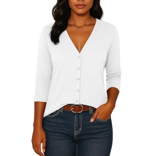 Womens Lightweight Cropped Cardigan Button Down 3/4 Sleeve V-Neck Casual Fall Fashion Clothes for Women