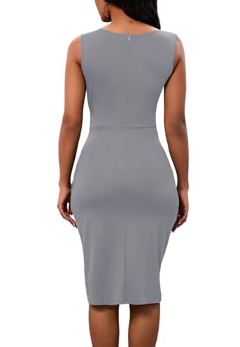 Image of PerZeal Women's Sexy V Neck Sleeveless Bodycon Dress Cocktail Evening Party Wedding Guest Work Faux Wrap Ruched Midi Dresse