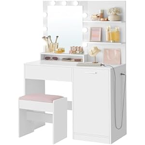 VASAGLE Vanity Desk with Mirror and Lights, 35.4-Inch Wide Makeup Vanity with Upholstered Vanity Stool, Power Outlets, Dimmable LED Lights, Storage Drawer, for Bedroom, Cloud White URDT128W0