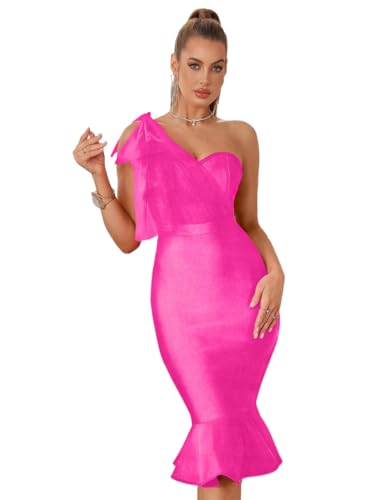 Image of Mesh One Shoulder Bow Midi Dress Fishtail Bandage Cocktail Party Wedding Bridesmaid Evening Gown