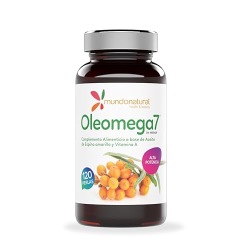Mundo Natural - OLEOMEGA7 120 Perlas | Espino Amarillo 33% Omega 7 | Aceite de Espino Amarillo + Vitamina A | Omega 7 Espino Amarillo para Mantenimiento de Mucosas y Piel | Espino Amarillo Omega 7