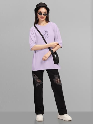 Image of HELLCAT Beige Trendy Printed Oversized T-Shirt for Women