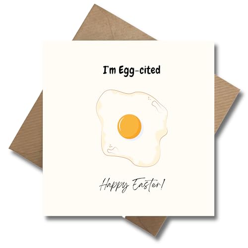 WBdesignz lustige Oster Karte mit Umschlag - Osterkarte Im EGG-cited Happy Easter - Karte zu Ostern - humorvoll mit Spiegelei & Wortspiel - Frohe Ostern - Ostergrußkarte (125 x 125 mm)