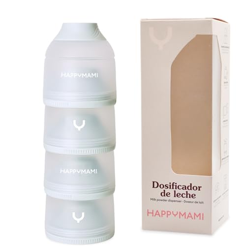 Happymami, Dosificador de Leche en Polvo o Cereales, Color Aguamarina Pastel, 4 Compartimentos Portátiles de 360ml cada uno, Fácil de Llevar, Apertura Sencilla, Superficie Interior Antiadherente