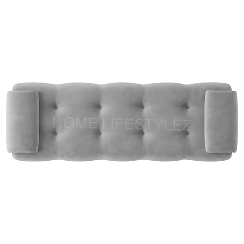 Image of Home Lifestlez Monel 2 Seater Tufted Ottoman Bench | Velvet Upholstered | Seating Bench Window Bench Footrest Stool End of Bed Bench Living Room Furniture | Comfortable & Stylish - Grey