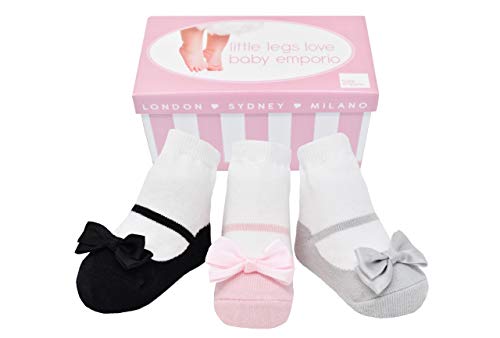 Baby Emporio 3 pares de calcetines para bebé niña - Suelas antideslizantes - Algodón suave - Cajita regalo - Efecto zapatos - 0-12 meses (0-12 Meses, LITTLE PRETTIES)