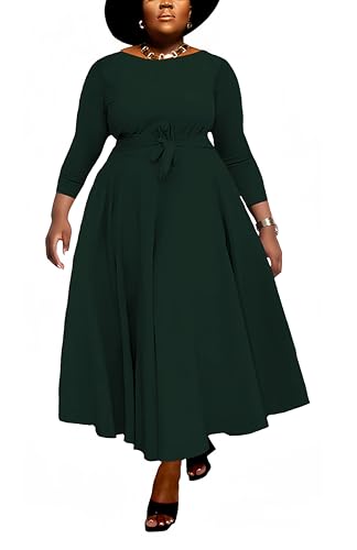 Image of Hostoyo Women Plus Size Formal A Line Maxi Dress Self Tie Waist with Pockets Elegant Round Neck Swing Long Dresses