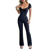 Generisch Combinaison sexy pour femme - Couleur unie - Manches courtes - Bord en dentelle - Avec fente - Taille haute, bleu marine, L