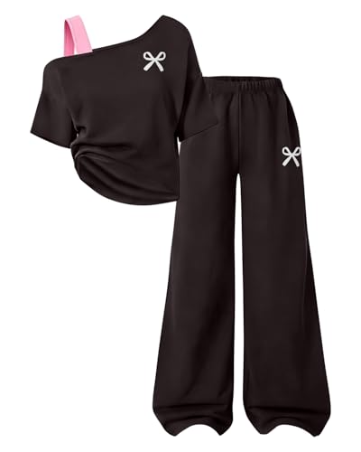 Image of Teen Girls Clothes Off the Shoulder Top and Wide Leg Pants Matching Outfit Set with Pockets Size 7-16