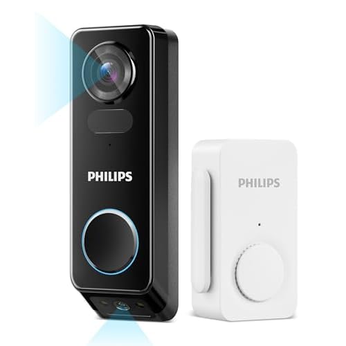 Philips Security Video Doorbell Camera (Chime Included), No Monthly Fee, Dual Cameras 2K FHD with Motion Detection, 2-Way Audio, Supports Alexa & Google Assistant, Battery/Wired Powered Blac