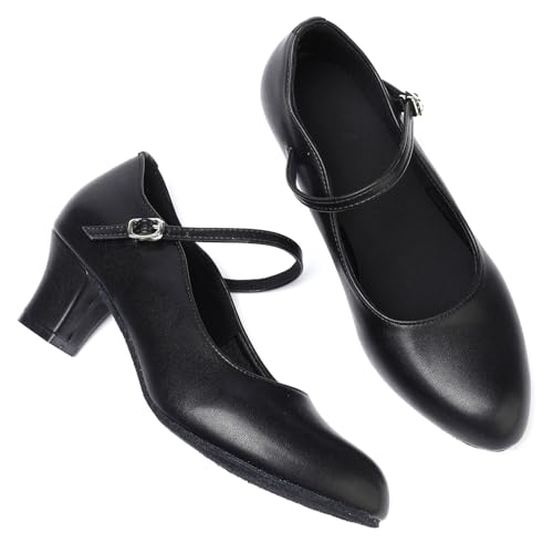 1920s Black Character Dancing Shoes for Women, Ankle Strap 2 inch Heels, Black Heels Closed Toe Dancing Shoes for Salsa, Tango, Flamenco, Wedding