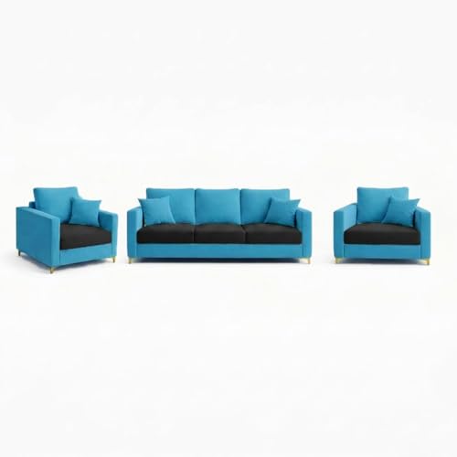 Image of Hayes Rich Velvet Suede 3+1+1 Seater Sofa Set | Golden Aesthetic Legs | Soft Touch Comfort | 5 Person Seating | Modern Living Room Set (Black-Aqua Blue)