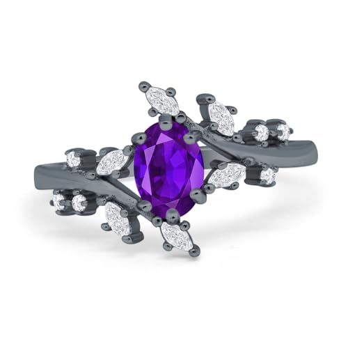 OMRANII Art Deco Oval Natural Amethyst Leaf Style Marquise CZ Wedding Engagement Ring 925 Sterling Silver Gifts For Her