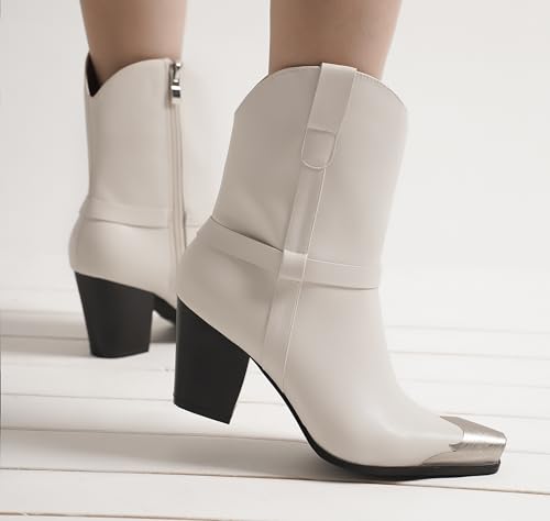 Women's Off-White Western Pointed Toe Ankle Boots DAKOTA-094
