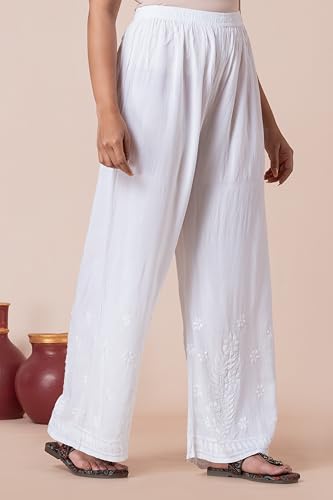 Image of Hand Embroidered Chikankari Soft MUL MUL Palazzo Free Size White (Size Free Size)