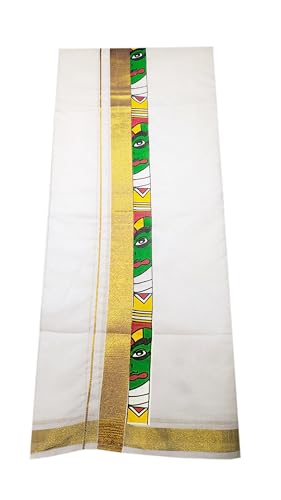 Image of Mens Print along with Border 100% Cotton Cream Dhoti 4.00 Meters Double Mundu /Vesti