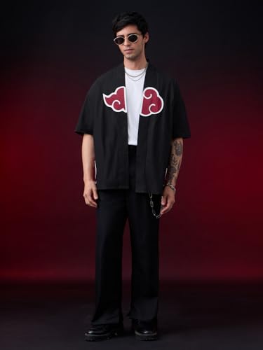 Image of The Souled Store Naruto: Akatsuki Kimono Men and Boys Short Sleeve Spread Collar Black Embellished Anime Inspired Drop Shoulder Streetwear Casual Cotton Oversized Shirt