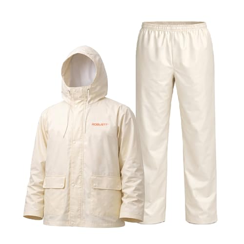 Image of Robustt PVC Waterproof Rain Suit for Men & Women (Size-M to L) White Rain Coat with Hood, Air Vents & Reflective Strip| Bike Raincoat Pants with Elastic Waist & Snap Button Hem| Unisex Rain Jacket