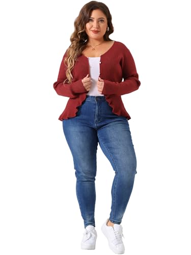 Agnes Orinda Plus Size Cardigans for Women Long Sleeve Knit Sweater Open Front Ruffled Button Cardigan Outerwear3