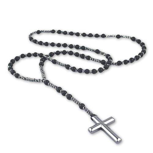 Terço Espiritual em Pedra Hematita Unissex Premium Black - Força e Proteção Pessoal + Bolsa de...