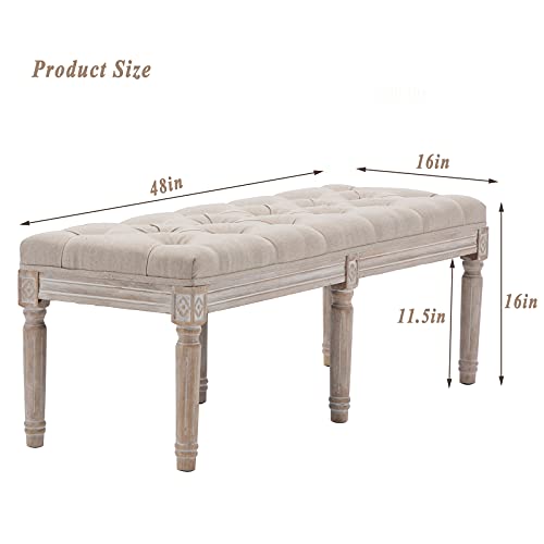 Duomay Upholstered Extra-Long French Vintage Bench, 16" D X 48" W X 16" H, Button Tufted Entryway Bench End Of Bed Bench Table Bench For Bedroom Dining Living Room Hallway, Beige #TOP2