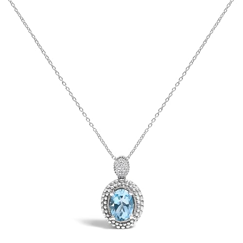 .925 Sterling Silver Oval Blue Topaz and Diamond Accent with Beaded Halo Pendant Necklace - 18" Inches