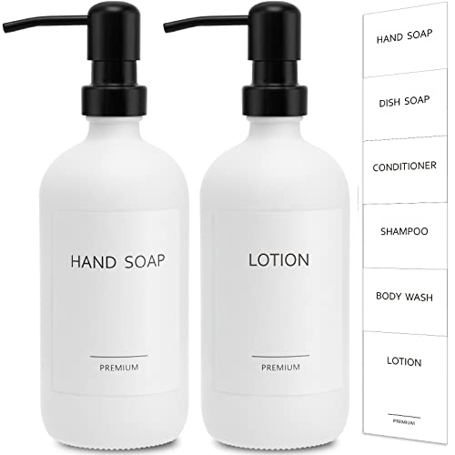 Gmisun White Soap Dispenser, 2 Pack Glass Hand And Dish Soap Dispenser Set, 16 Oz Refillable Liquid Soap Bottle With Rustproof Stainless Steel Pump, Modern Empty Lotion Bottles For Kitchen & Bathroom #TOP13
