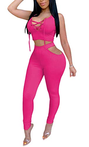 Aro Lora Womens Sexy 2 Piece Outfit Bodycon Lace Up Sleeveless Crop Top and Cut Out Pant Set Jumpsuit Romper Clubwear X-Large Rose