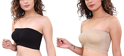 Image of GLAMORAS Polyester Spandex Padded Strapless Non Wired Removable Pads Seamless Bandeau Tube Top Bra, Pack of 2
