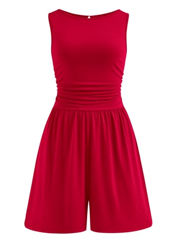 PRETTYGARDEN Summer Rompers for Women 2026 Dressy Casual Sleeveless Short Wide Leg Jumpsuits Beach Vacation One Piece Spring Outfits(Red L)