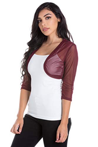 Image of Fashion Secrets Junior`s Sheer Chiffon Bolero Shrug Jacket Cardigan 3 /4 Sleeve (X Small, Burgundy /Wine)