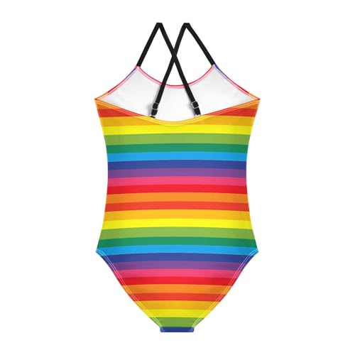 senya Girls Swimsuits One-Piece Swimwear Tie Bathing Suit Beach Summer Round Neck 7-8T Rainbow Stripes Pattern2