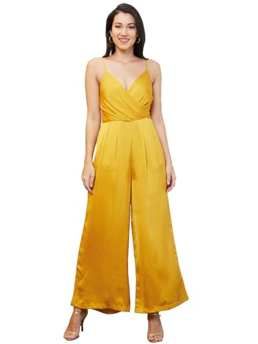 Image of Globus Women Yellow Solid Wrap V-Neck Jumpsuit-3640450001
