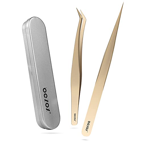 BEZOX Ensemble de 2 pinces pour extension de cils, pince à volume d'isolation à pointe courbée et droite pour extension de cils, kit de fournitures Cover