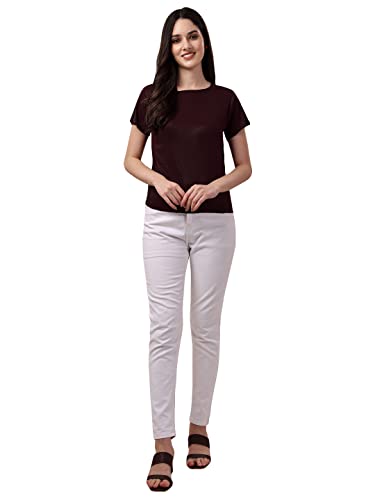 Image of Pujia Mills Women's Casual Round Neck Lycra Short Sleeve Plain Burgundy Regular Fit Top. (PC Regular Fit Tops 33)
