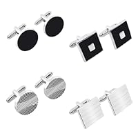 4 Pairs Cufflinks for Men, Classic Cufflinks Fashion Silver Black Mens Cuff Links Round Square Rectangle Retro Striped Cuff Link Kit for Shirt Suit Wedding Party Business Graduation Gift
