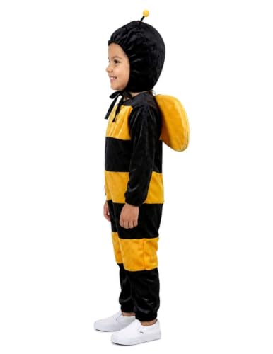 Image of BookMyCostume Kids Bumble Bee Costume - Velvet Honey Bee Insect Costume - Black Yellow Jumpsuit with Hood Antennae and Wings for School Annual Day, Fancy Dress, and Photoshoots | 3-4 Years