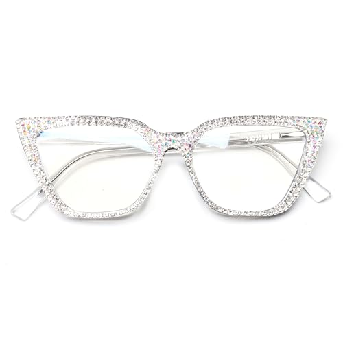 bullabulling Sparkling Cat Eye Crystal Rhinestone Reading Glasses for Women Eyewear Female Trendy bling Diamond ReaderZ05 (AB, 2.25, x)