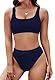 Pink Queen Damen Crop Top Bikini Set Frech 2-Teilig Hohe Taille High Cut Push Up Gepolstert Bademode Strand Dunkelblau L