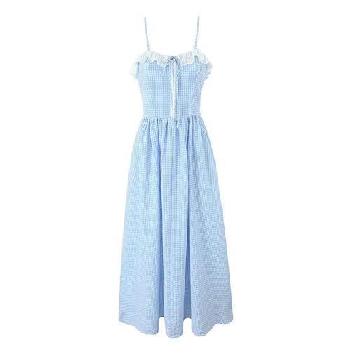 Damen-Kleid hohler Stickerei, Spitze, kariert, Wickel-Brustkleid, Taillen-Hosenträger, Langer Rock - blau-weiß kariert - L