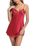 Frauen Sexy Dessous Satin Nachtkleid im edler Satinoptik mit V-Ausschnitt, verstellbare Schultergurte, seidiger.