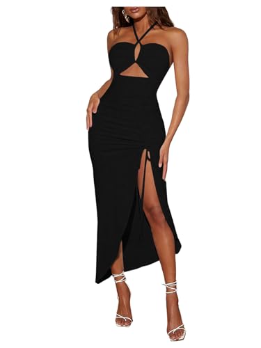 Amazon.com: SOLY HUX Women's Cut Out Ruched Halter Dress High Split  Drawstring Bodycon Maxi Vacation Dresses Plain Black X-Small : Clothing,  Shoes & Jewelry