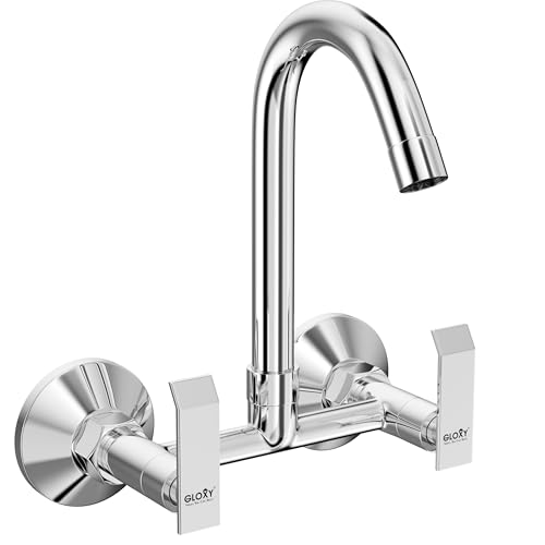 Image of Gloxy Premium Brass 2 in 1 Wall Mounted Sink Mixer with 360 Swivel Spout - Jet+ Lever Kitchen Sink Mixer with Chrome Finish - Hot & Cold Water Mixer for Bathroom & Kitchen Sink - 10 Years Warranty