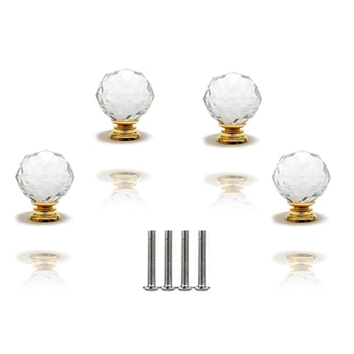 J P Hardware Crystal Glass Cabinet Knobs – 40mm Gold Finish (Pack of 4) – Decorative Pull Handles for Wardrobes, Drawers, Cupboards & Dressers