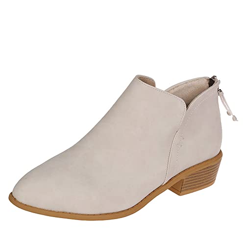 JITUUE Ankle Booties for Women,Women's Casual Dress Low Heeled Booties. V Cut Fashion Thick Heel Design Shoes(Off-white,US 6