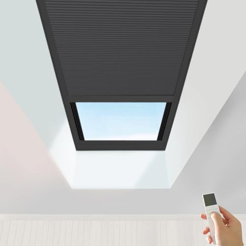 Ventana motorizada de tragaluz con persianas opacas de panal celular, cortinas impermeables para techo inclinado y habitaciones de cristal (negro, modelo 93021N)