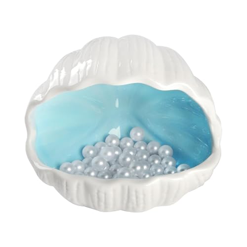 Image of Ceramic Shell Cave with 50 Pearls - Betta Fish & Shrimp Tank Decorative Hideout(Blue + 50PCS Pearl)